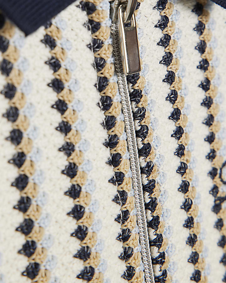 Mini Boys Navy Crochet Stripe Zip Polo Shirt