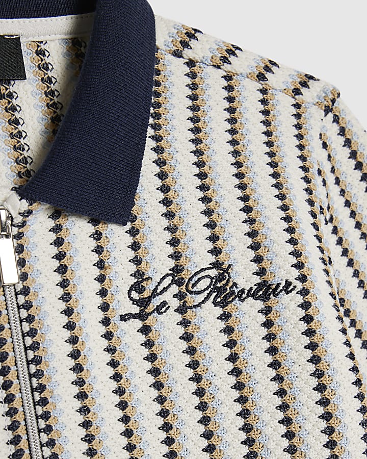 Mini Boys Navy Crochet Stripe Zip Polo Shirt