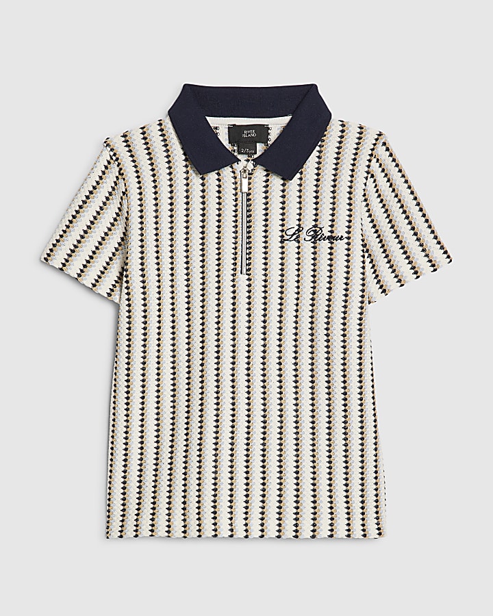 Mini Boys Navy Crochet Stripe Zip Polo Shirt