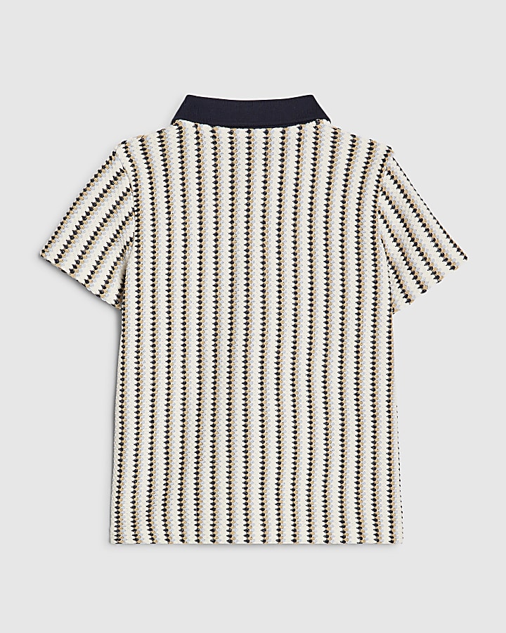 Mini Boys Navy Crochet Stripe Zip Polo Shirt