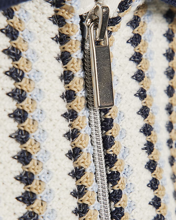 Boys Navy Crochet Stripe Zip Polo Shirt