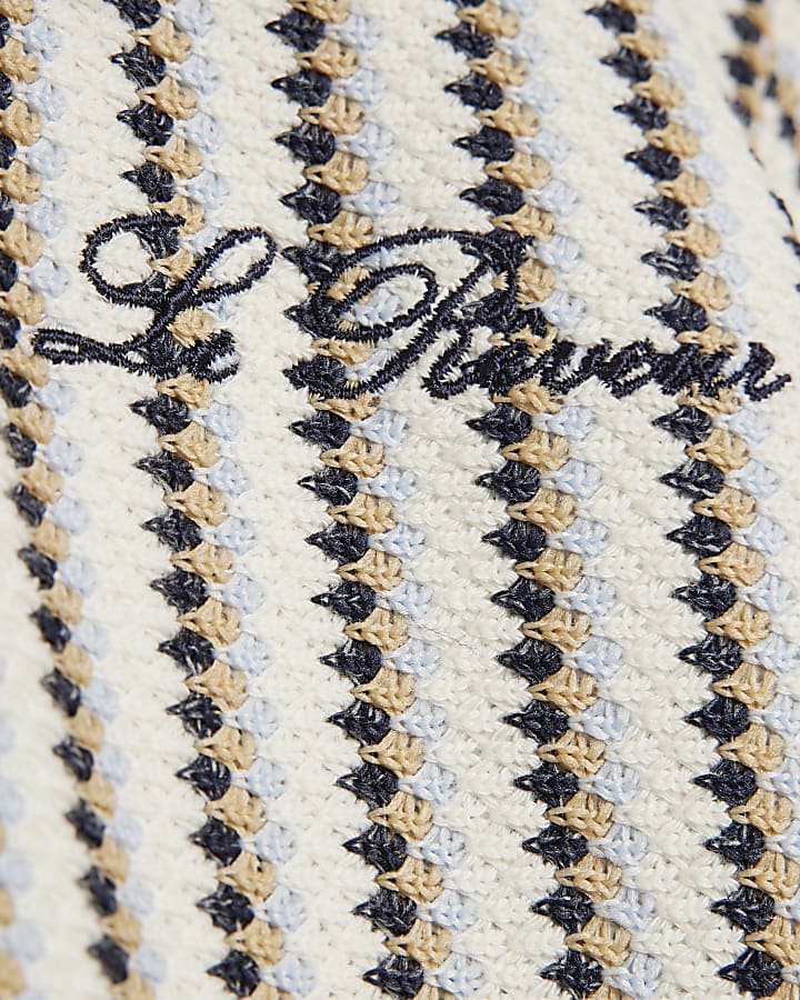 Boys Navy Crochet Stripe Zip Polo Shirt