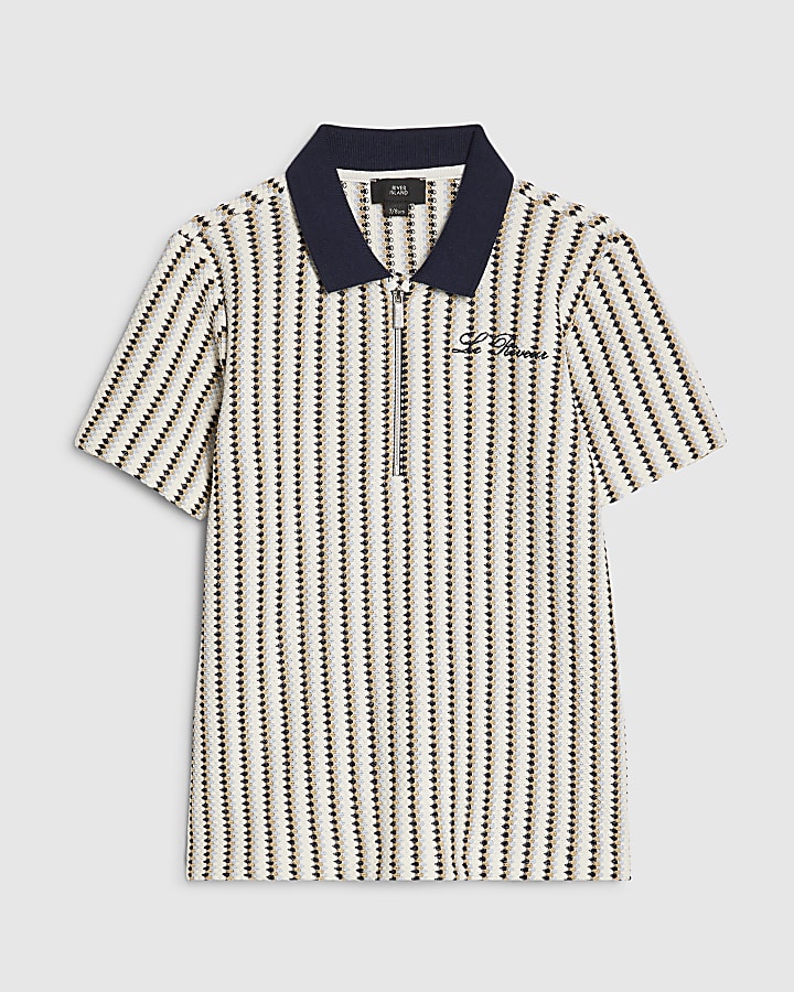 Boys Navy Crochet Stripe Zip Polo Shirt