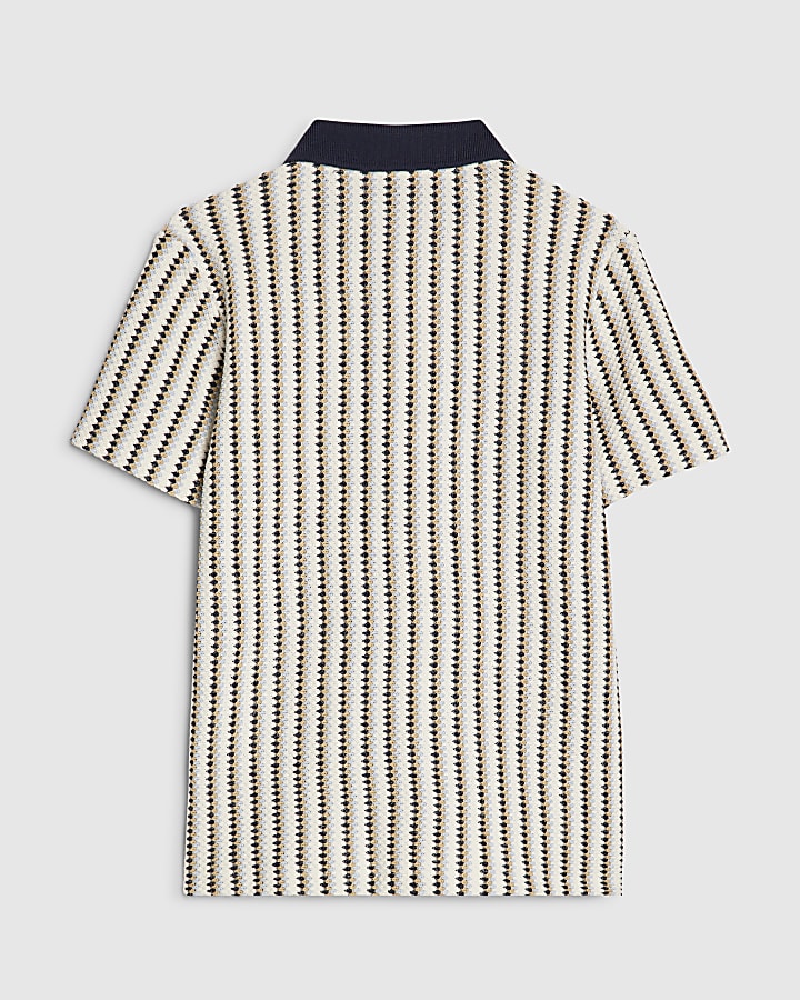 Boys Navy Crochet Stripe Zip Polo Shirt