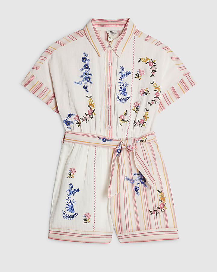 Girls White Embroidered Floral Playsuit