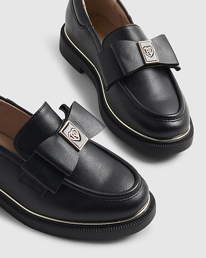 Girls Black Faux Leather Bow Loafer Shoes