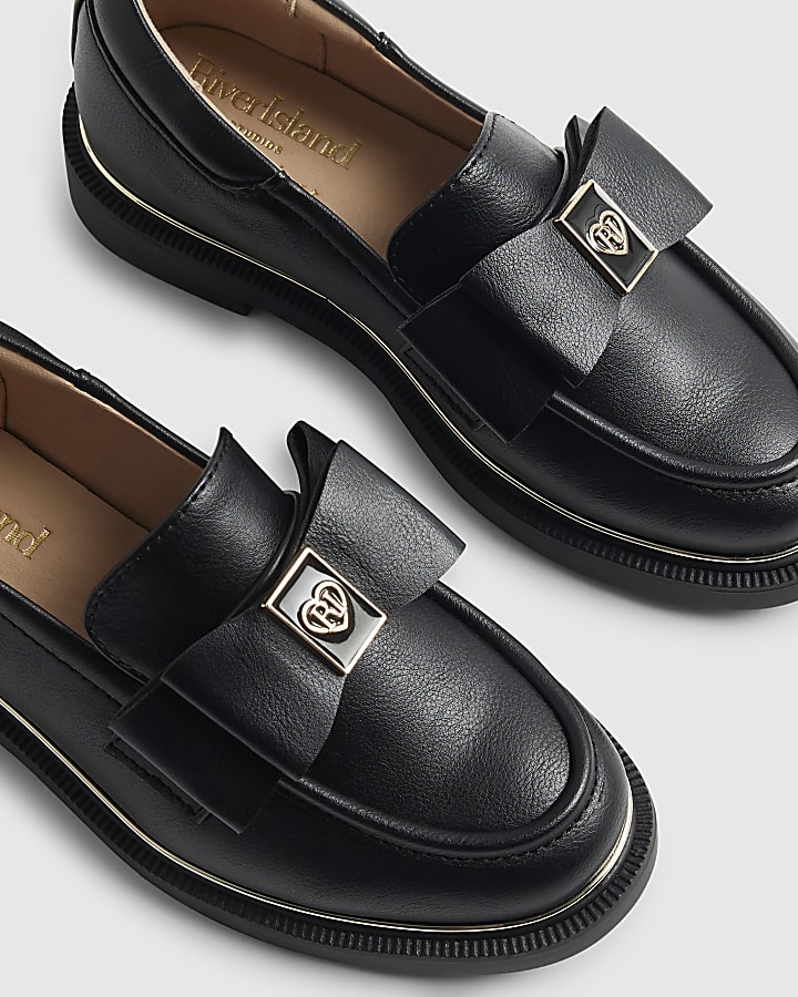 Girls Black Faux Leather Bow Loafer Shoes