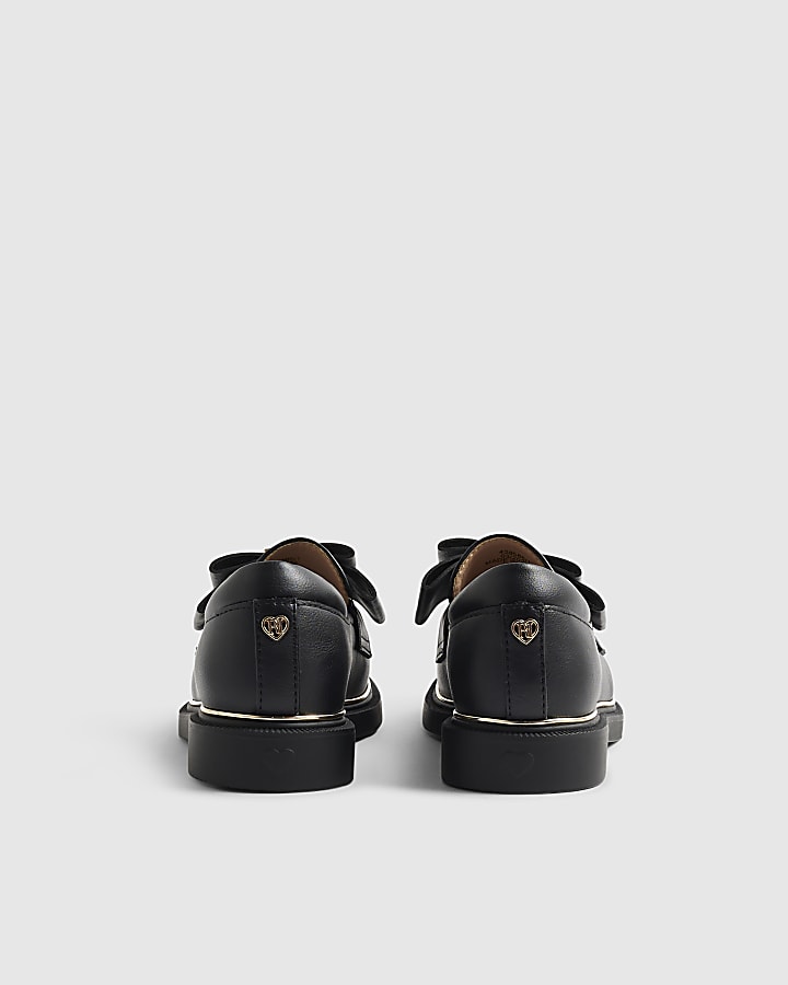 Girls Black Faux Leather Bow Loafer Shoes