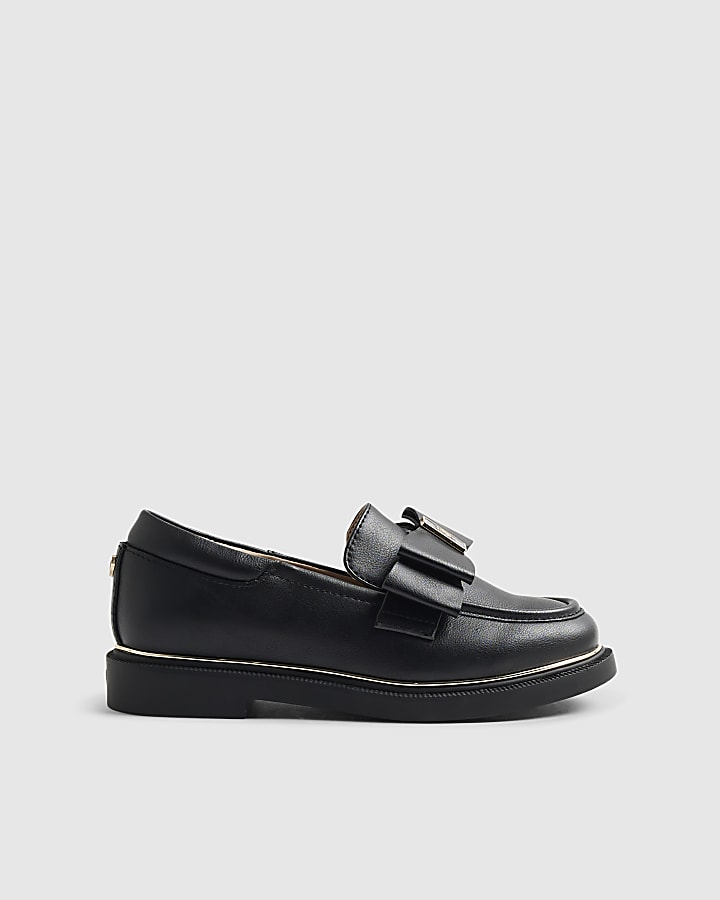 Girls Black Faux Leather Bow Loafer Shoes