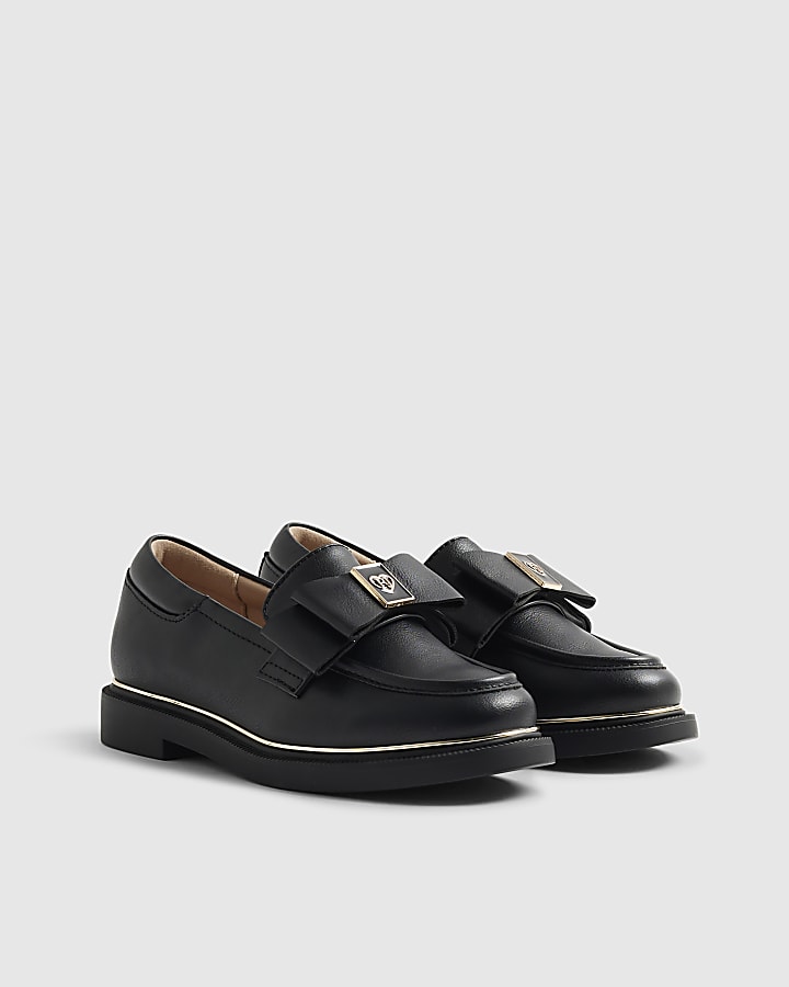 Girls Black Faux Leather Bow Loafer Shoes