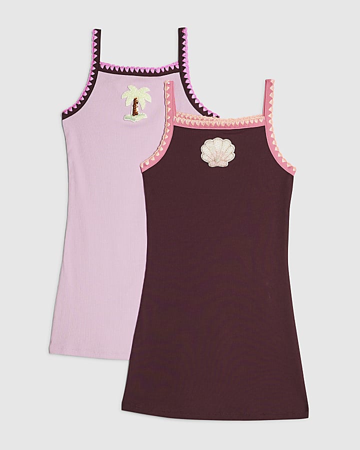 Girls Pink Beaded Icon Cami Dress Set Of 2