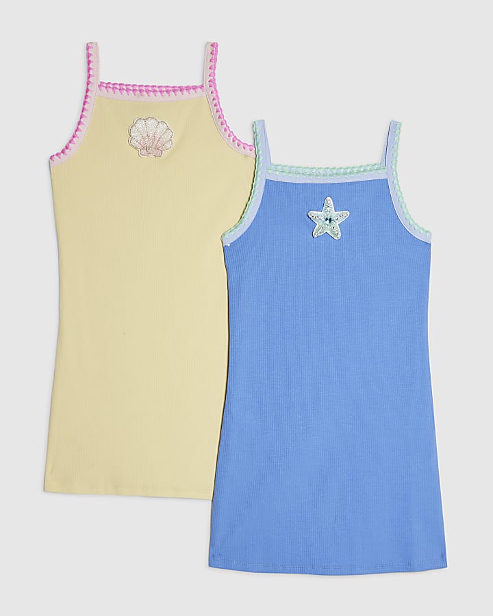 Girls Blue Beaded Cami Dress Pack Of 2