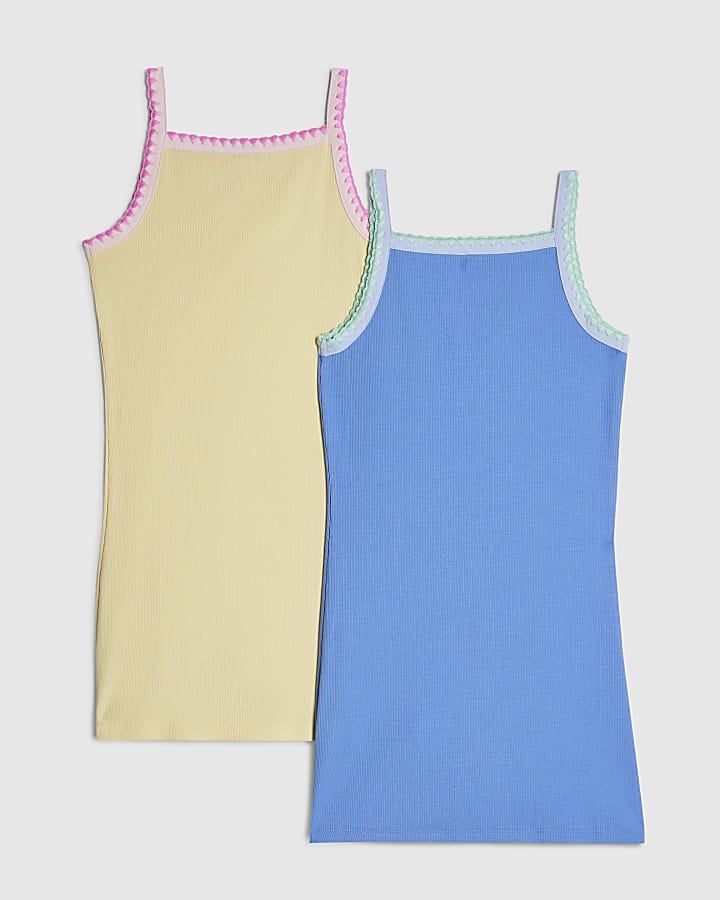 Girls Blue Beaded Cami Dress Pack Of 2