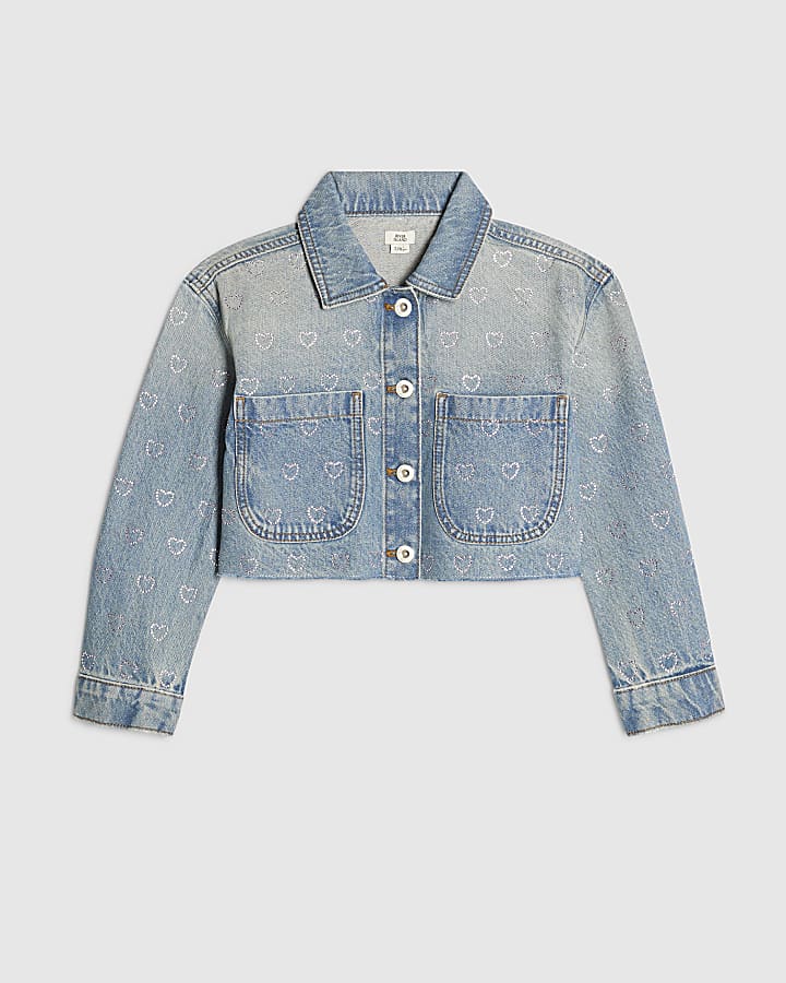 Girls Blue Heart Embellished Denim Jacket