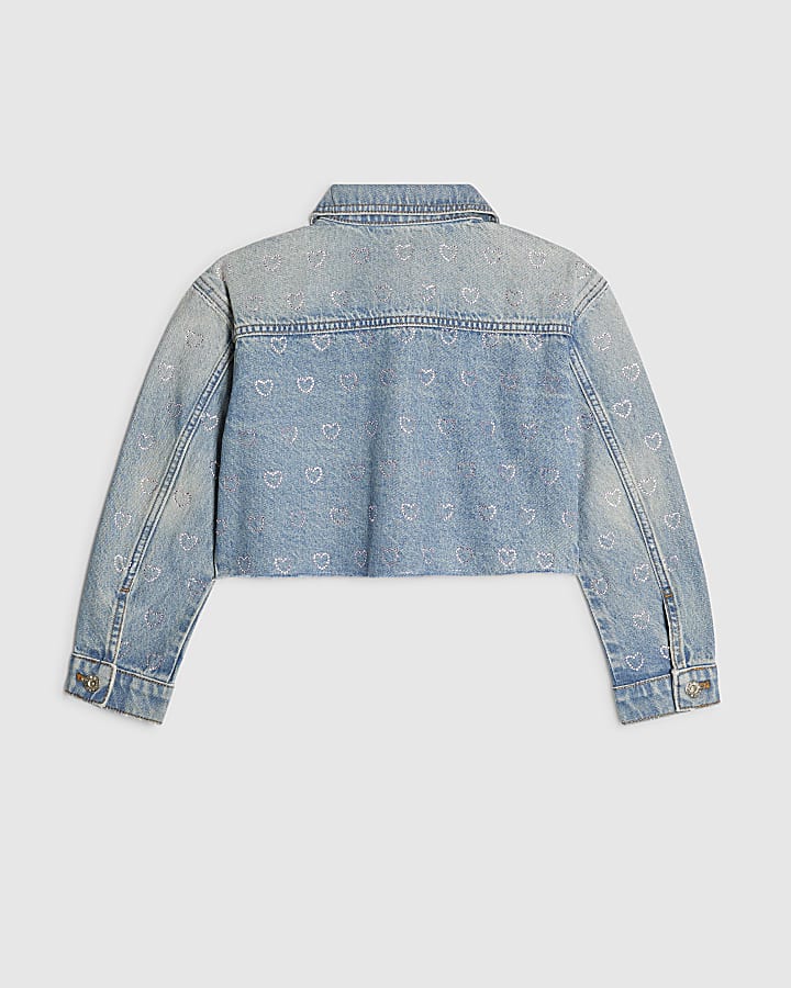 Girls Blue Heart Embellished Denim Jacket