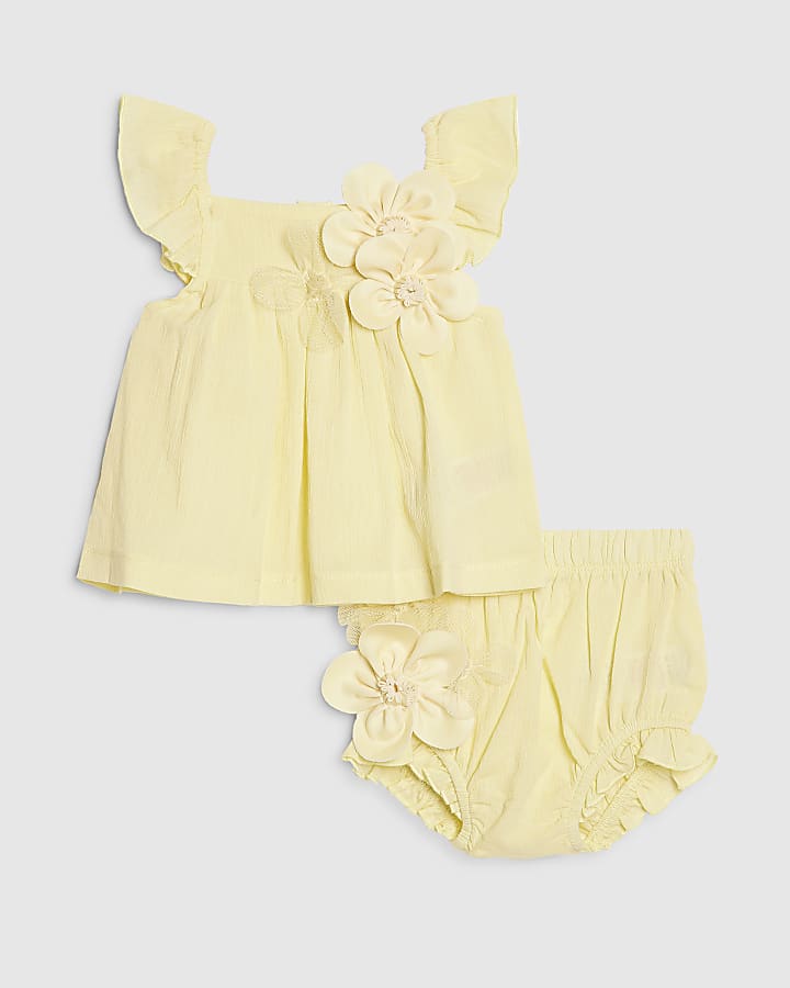 Baby Girls Yellow Smock 3D Flower Top Set