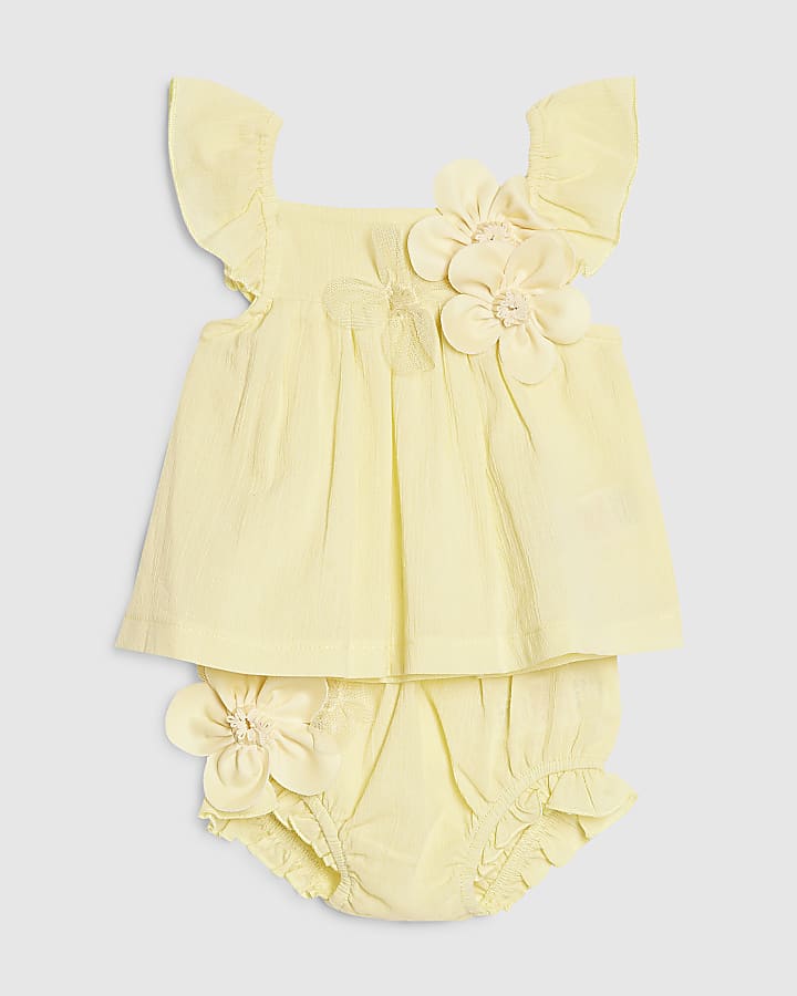 Baby Girls Yellow Smock 3D Flower Top Set