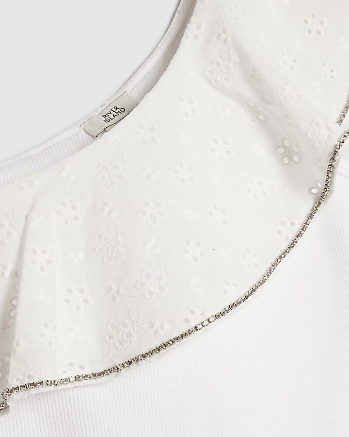 Girls White Asymmetric Top & Skirt Set