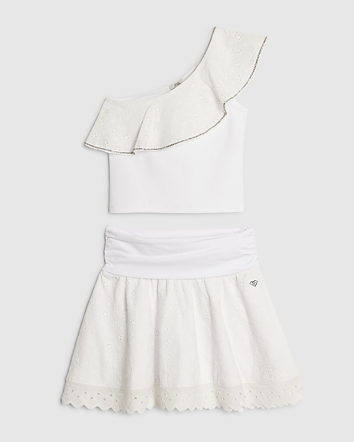 Girls White Asymmetric Top & Skirt Set