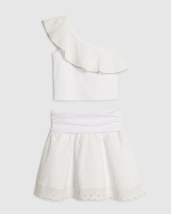Girls White Asymmetric Top & Skirt Set