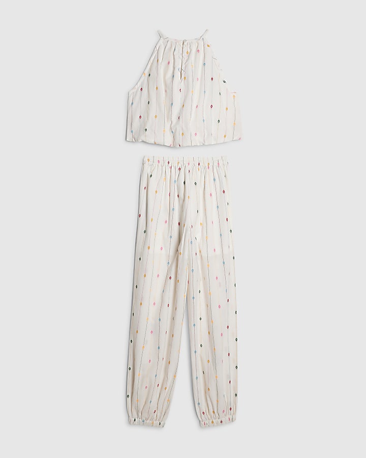 Girls Beige Stripe Hareem Top Set