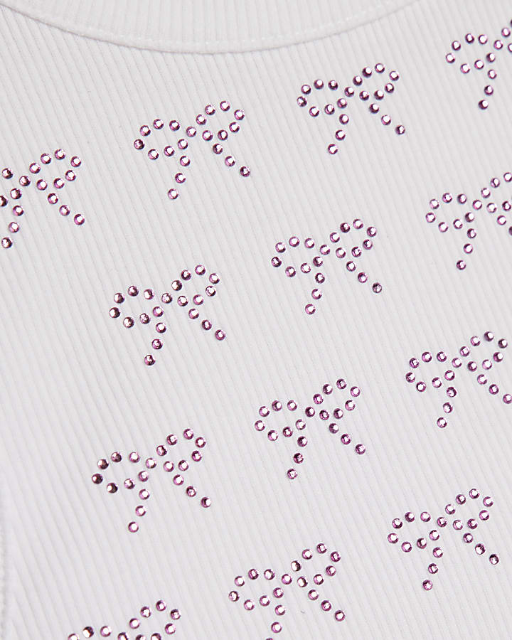 Girls White Bow Diamante Tank Top