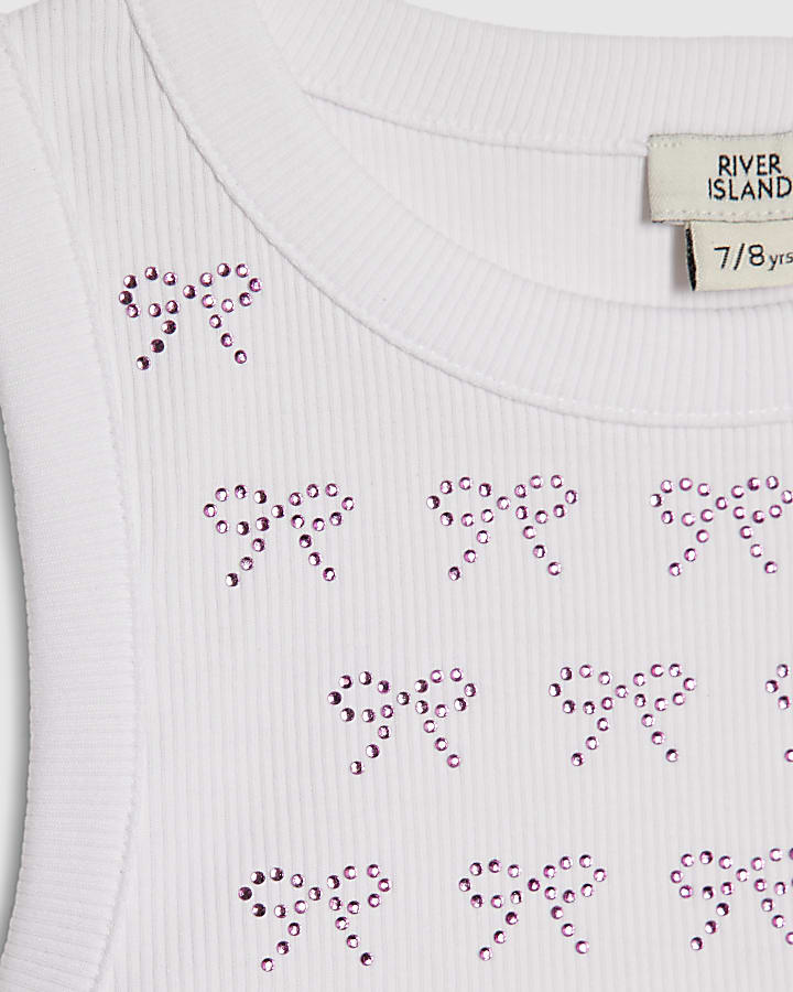 Girls White Bow Diamante Tank Top