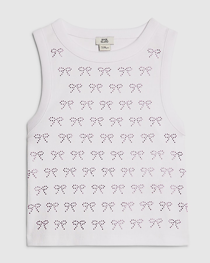 Girls White Bow Diamante Tank Top
