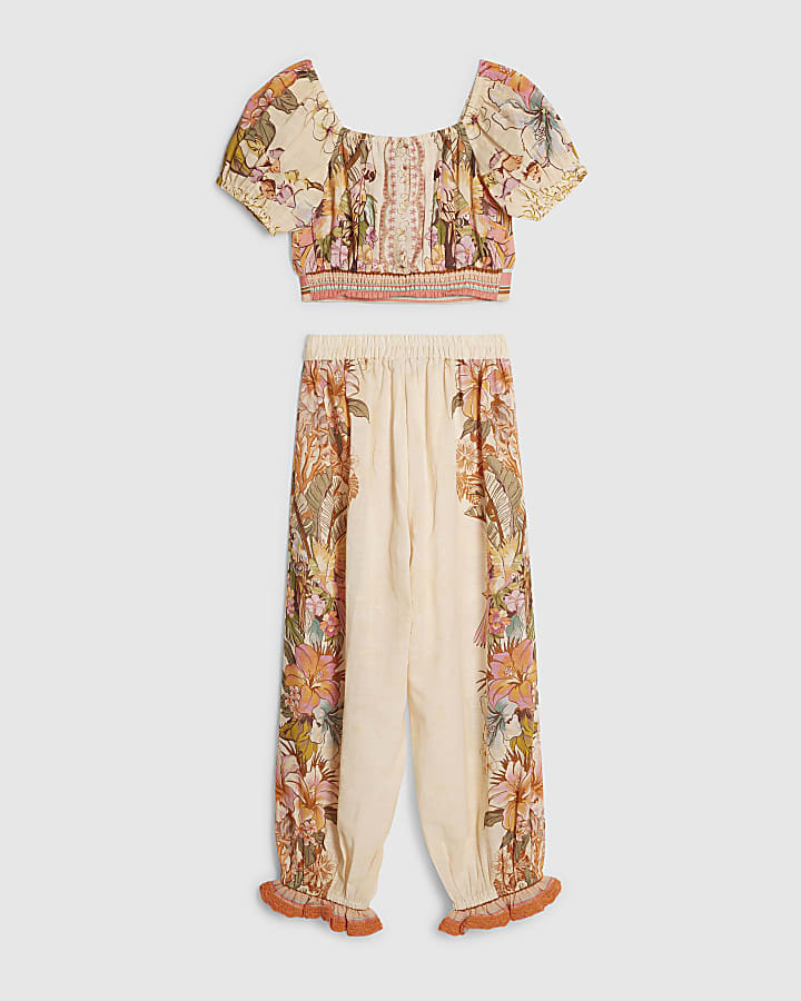 Girls Cream Top & Trousers Set