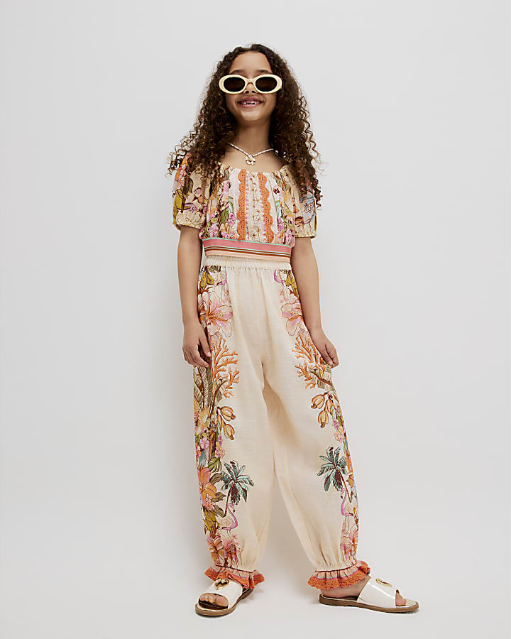 Girls Cream Top & Trousers Set