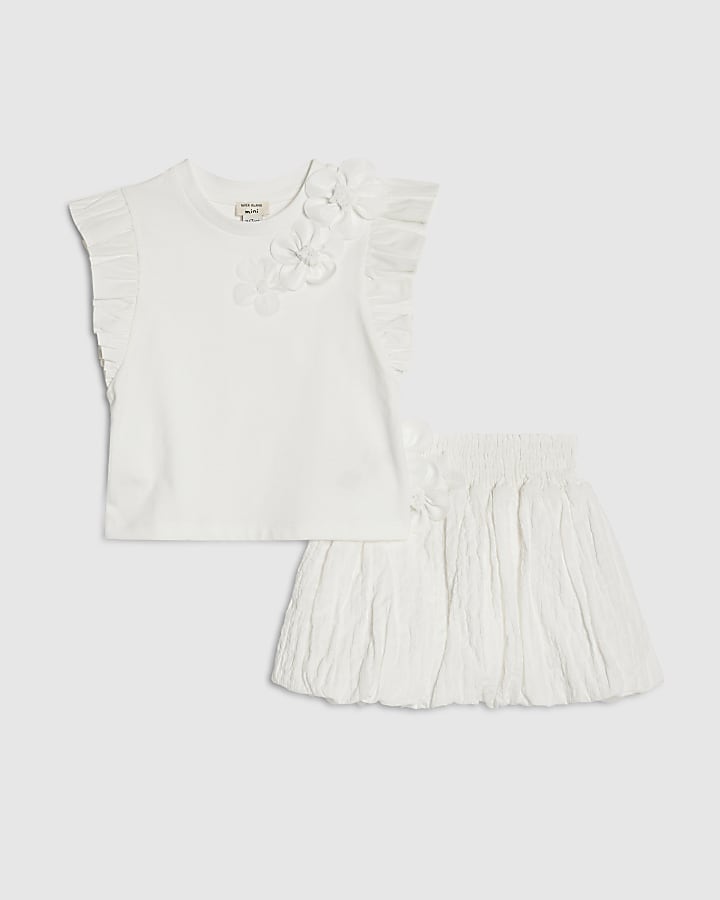 Mini Girls White Frill Sleeve T-Shirt Set