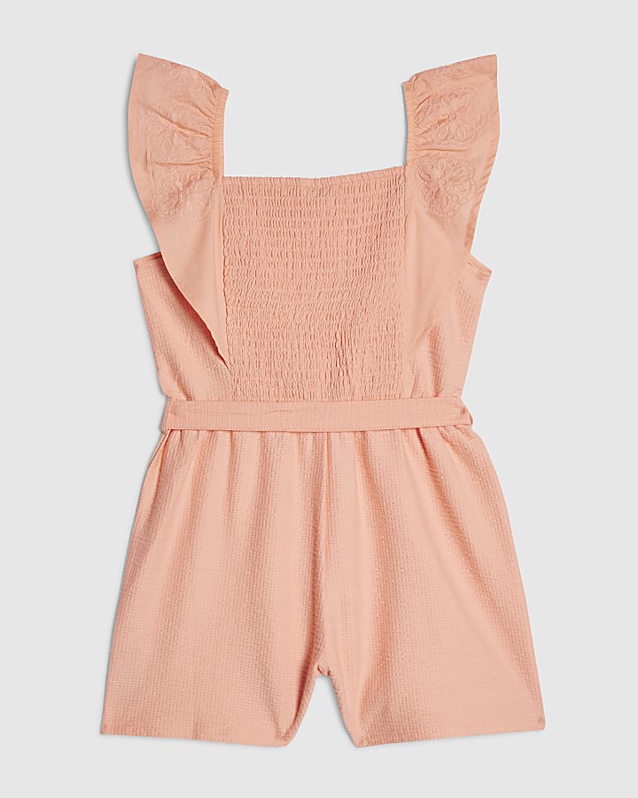 Girls Orange Shirred Floral Playsuit