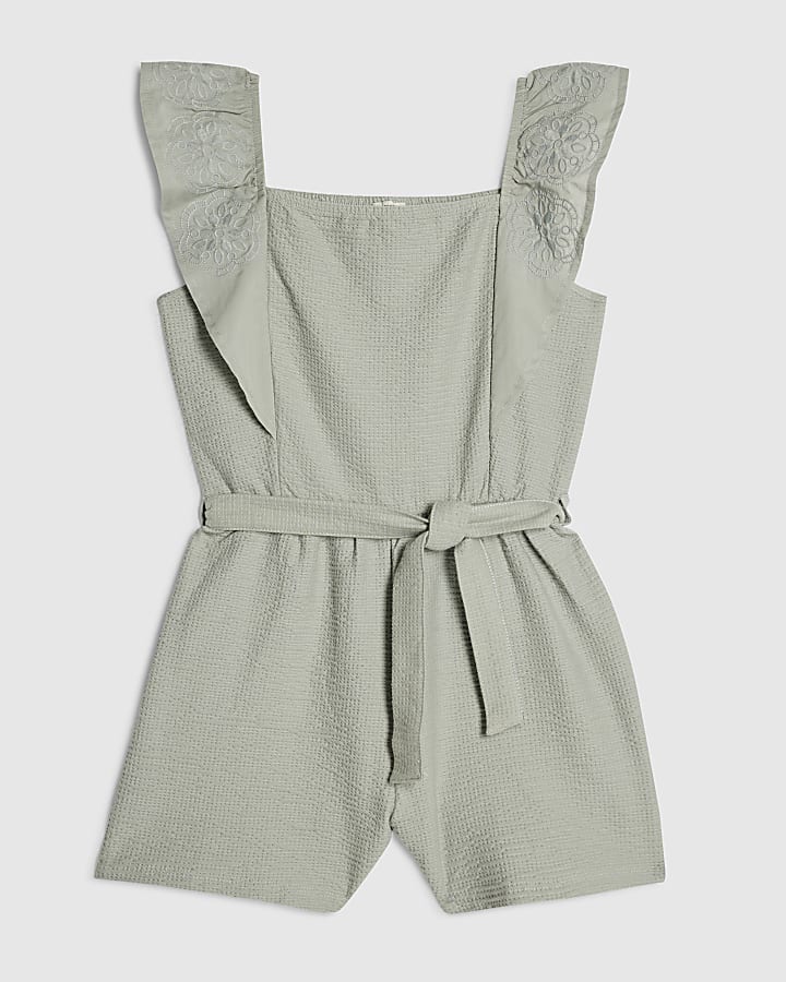 Girls Green Shirred Floral Playsuit