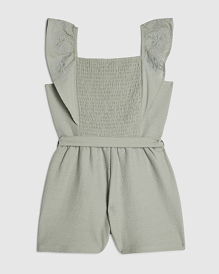 Girls Green Shirred Floral Playsuit