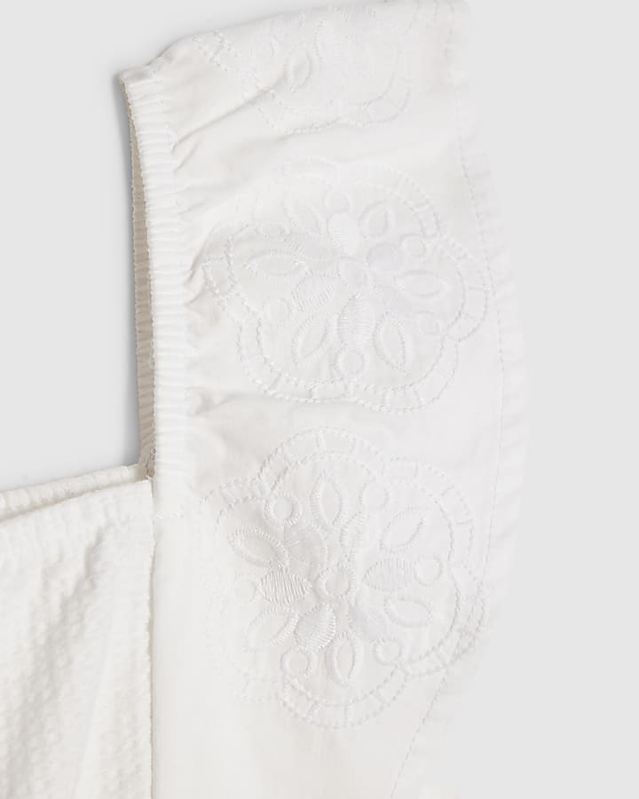 Girls White Shirred Floral Playsuit