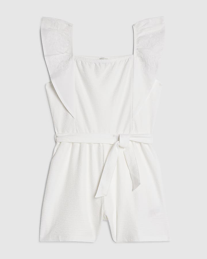 Girls White Shirred Floral Playsuit