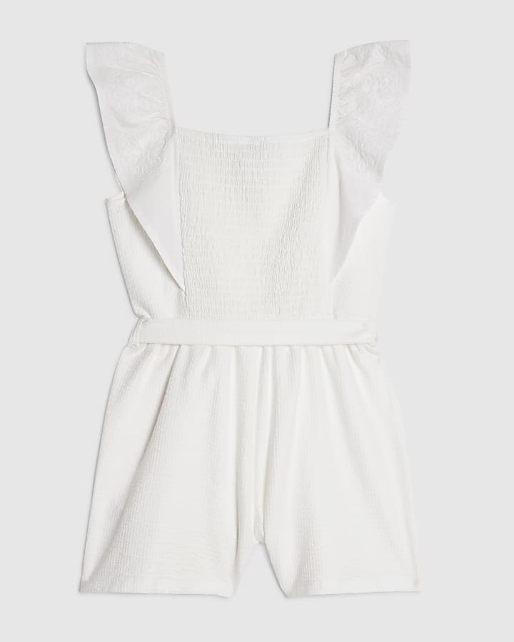 Girls White Shirred Floral Playsuit