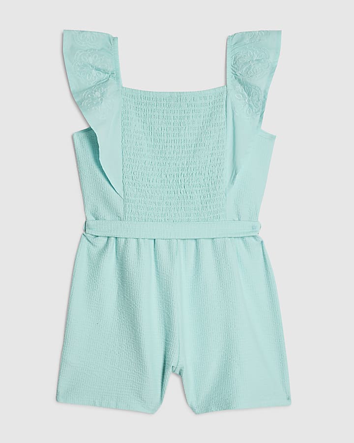 Girls Blue Shirred Floral Playsuit