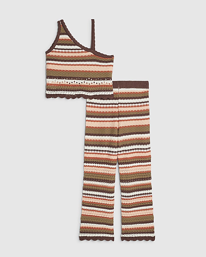 Girls Brown One Shoulder Crochet Set