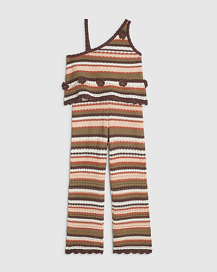 Girls Brown One Shoulder Crochet Set