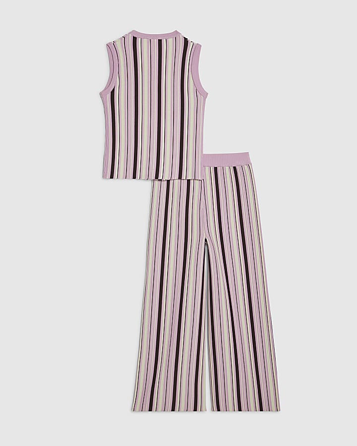 Girls Purple Striped Knitted Waistcoat Set