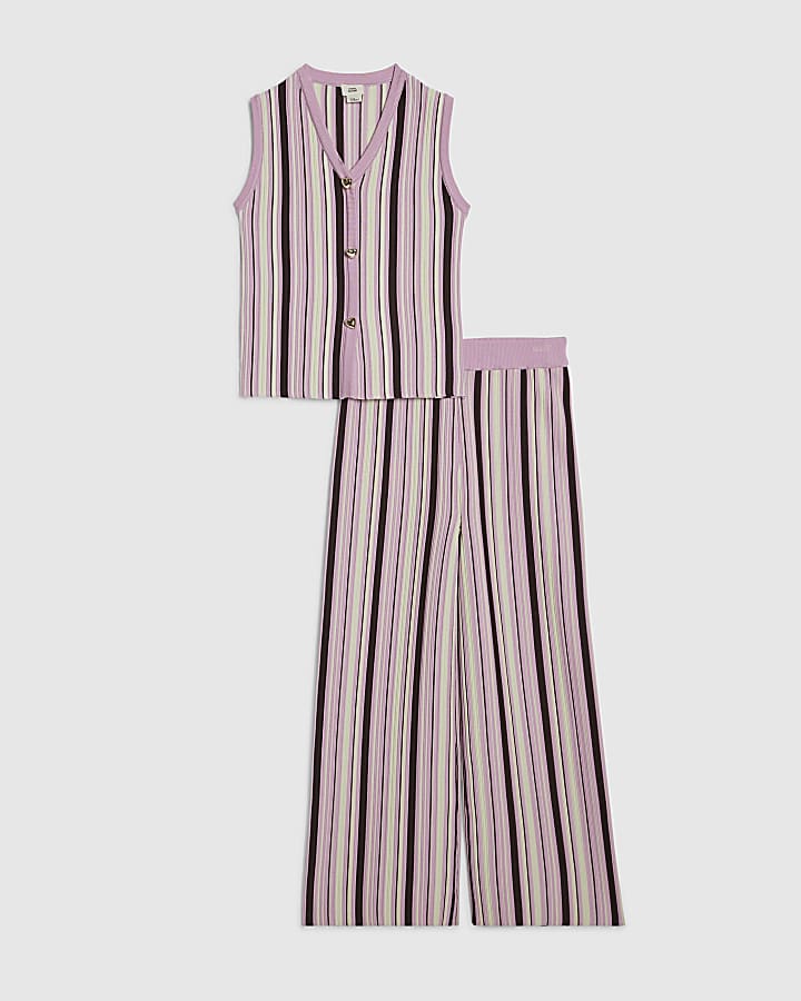 Girls Purple Striped Knitted Waistcoat Set