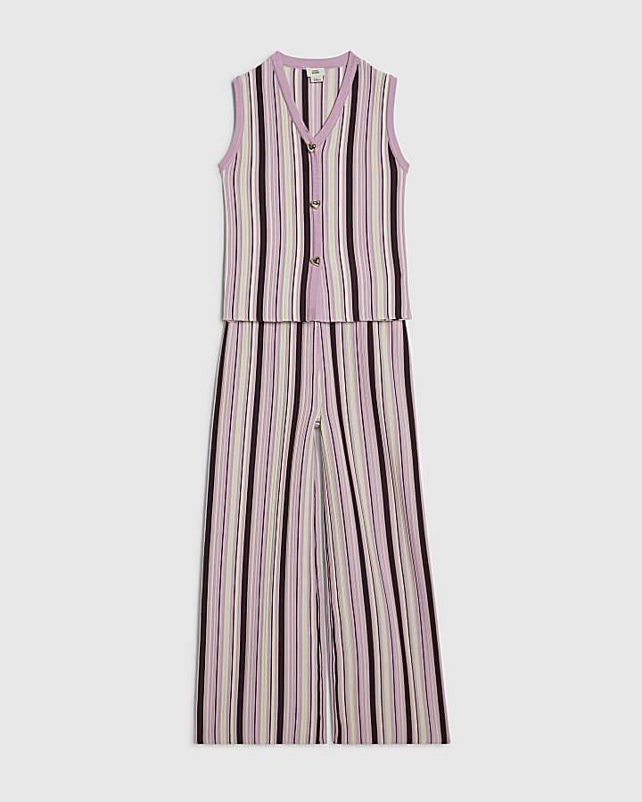 Girls Purple Striped Knitted Waistcoat Set