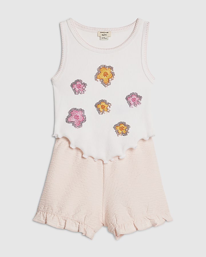 Mini Girls Pink Embellished Vest & Short Set