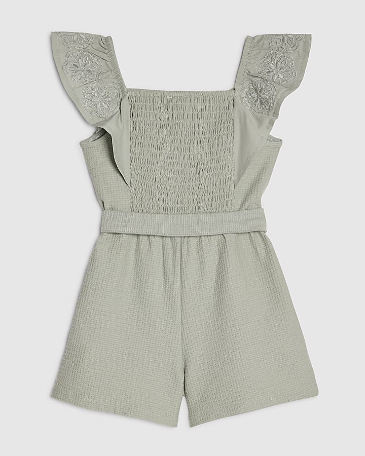 Mini Girls Khaki Belted Shirred Playsuit