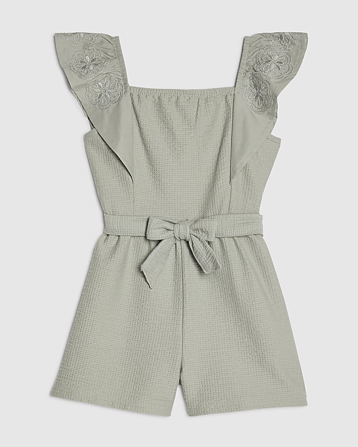 Mini Girls Khaki Belted Shirred Playsuit
