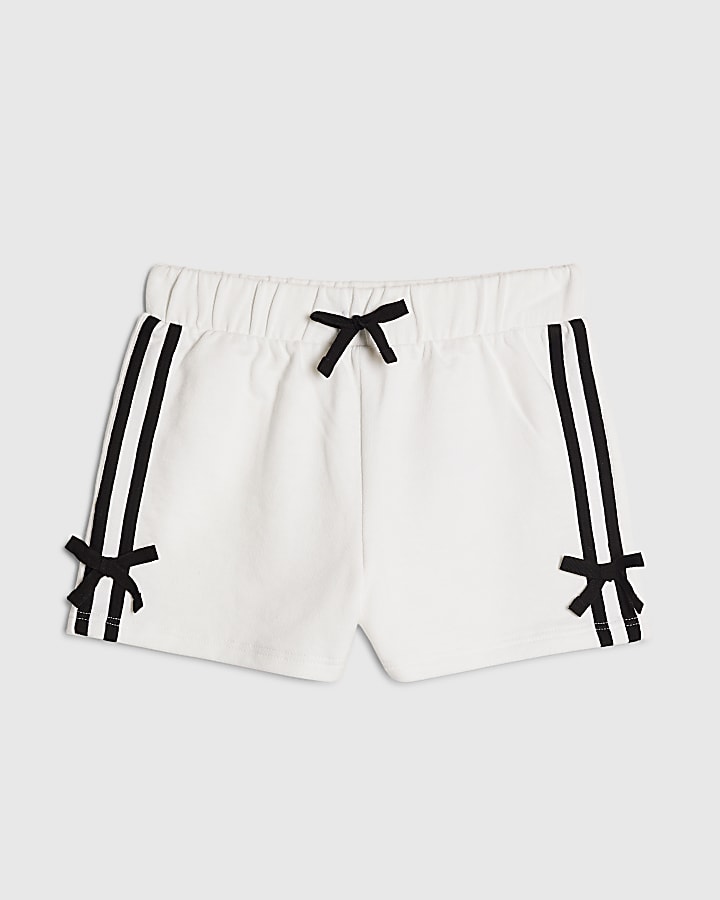 Girls White Side Stripe Bow Shorts