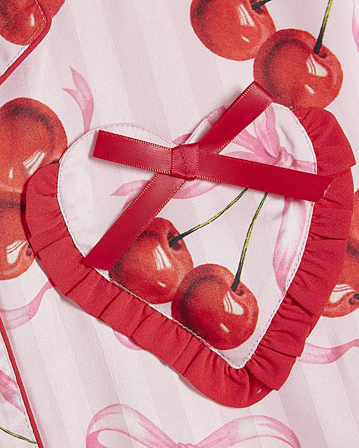 Girls Pink Cherry Print Satin Pyjamas Set