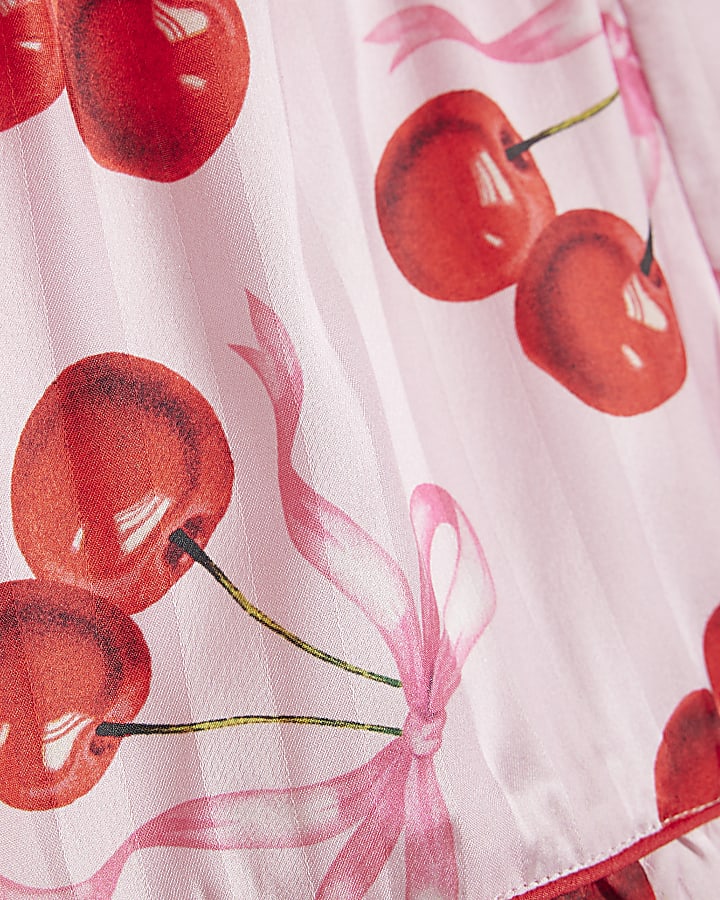 Girls Pink Cherry Print Satin Pyjamas Set