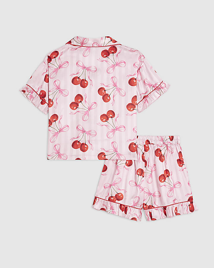 Girls Pink Cherry Print Satin Pyjamas Set